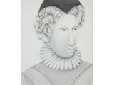 a drawing of a woman with a black hat and a necklace