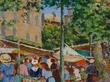 a painting of a street market with people walking by