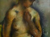 a painting of a man sitting in a chair with his hands on his chest