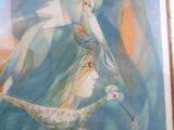 a picture of a painting of a woman with a bird on her head