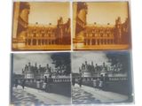four old black and white photos of a building with a clock tower