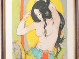 painting of a woman with long black hair in a wooden frame