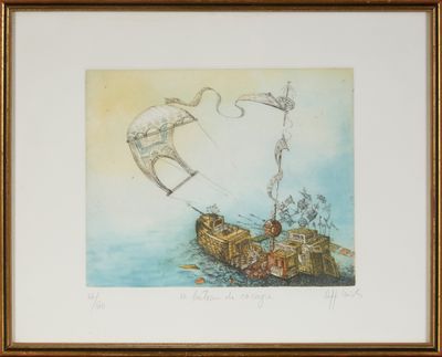 painting of a man flying a kite over a boat in the ocean