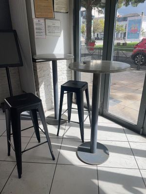 une petite table et deux tabourets devant une fenêtre