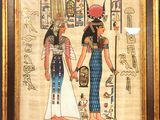 an egyptian painting of two women holding hands in front of a wall