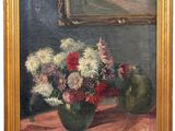 an oil painting of a vase of flowers on a table