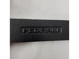 a close up of a black leather belt with a logo on it