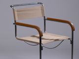 an image of a chair with a wooden seat and metal frame