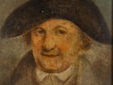 an old painting of a man wearing a hat and a coat