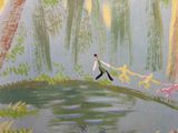 un tableau représentant un homme qui promène son chien sur un pont