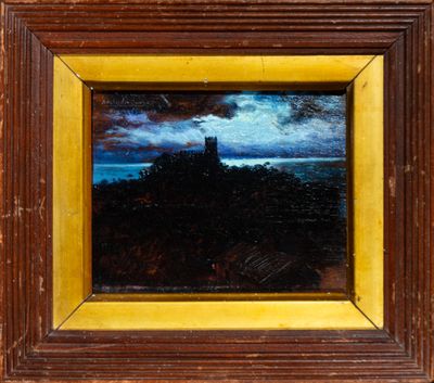 a painting of a castle on a hill under a cloudy sky