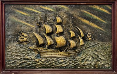 a picture of a painting of a ship in the water