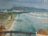 a painting of a boat on the water near a beach