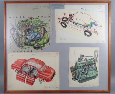 Des dessins représentant une voiture, une moto et un moteur de voiture sont exposés dans un cadre