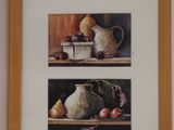 two pictures of a cat and a pot on a shelf