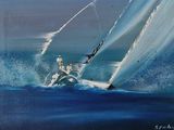 a painting of a man on a sailboat in the ocean