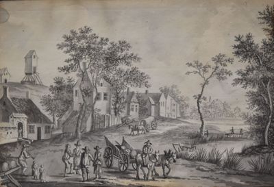 dessin représentant une scène de village avec une calèche et des passants sur la route