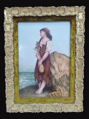 tableau représentant une femme debout sur un rocher au bord de la mer