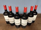 six bottles of red wine are lined up on a wooden table