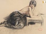 dessin représentant une femme assise sur un banc, la main posée sur le menton