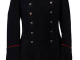 a black coat with red trims and buttons on a mannequin head