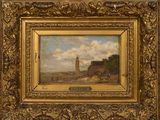 tableau représentant une vue d'une ville avec une tour horloge au loin