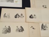 several drawings of people sitting on a table in front of a bunch of books