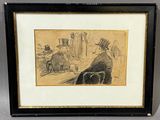 drawing of a man and a woman sitting at a table in a restaurant