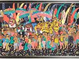 a painting of a large group of people with umbrellas