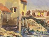 an oil painting of a boat in a body of water next to a building