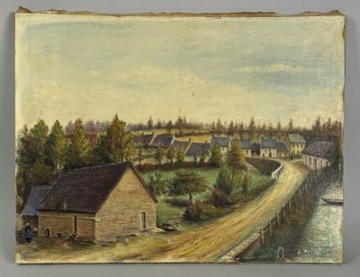 an oil painting of a village with a river and a road