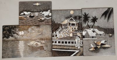 quatre tableaux différents représentant une scène de plage accrochés au mur