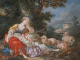 painting of a woman and two children with sheep in a wooded landscape