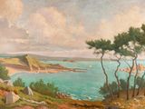 a painting of a view of a bay with a boat in the water