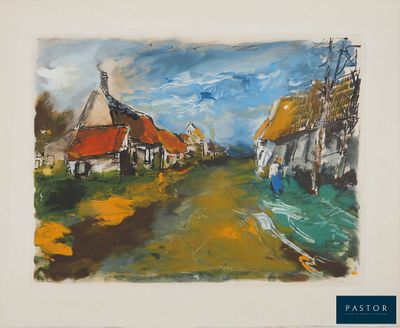 une image représentant un tableau d'un village avec un moulin à vent en arrière-plan