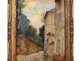 a painting of a street scene with buildings and trees in the background
