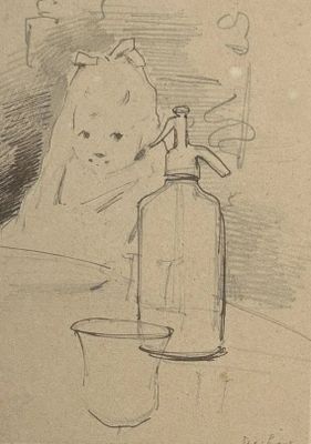 a drawing of a bottle and a cup on a table