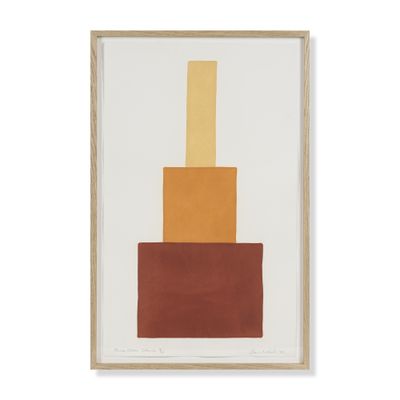 an abstract painting with orange, yellow, and brown blocks