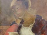painting of a woman reading a book in front of a window