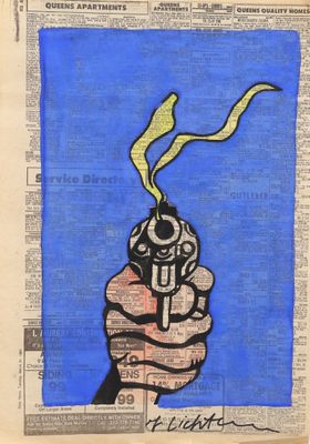 painting of a hand holding a gun with a cigarette sticking out of it