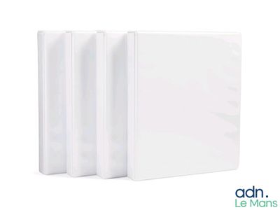 three white binders are stacked on top of each other