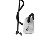 un aspirateur blanc muni d'une poignée noire et d'un tuyau noir