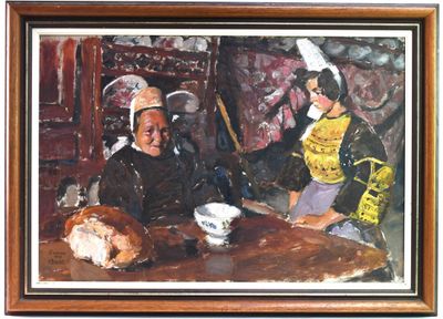 painting of two people sitting at a table with a turkey in front of them