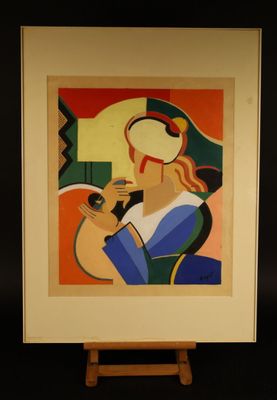 tableau représentant une femme tenant un téléphone portable dans la main droite