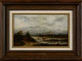 peinture représentant un paysage avec une rivière et une église au loin