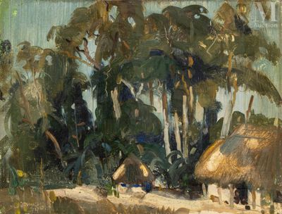 a painting of a thatched hut in the middle of a field