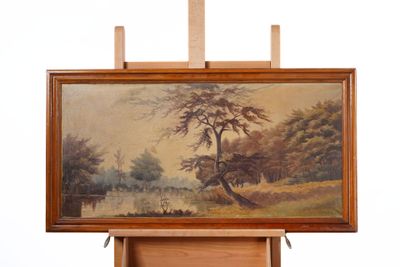 a picture of a painting on a easel on a white background