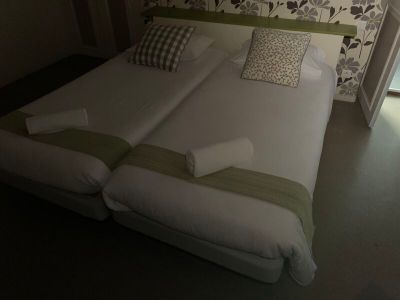 deux lits jumeaux dans une petite chambre dont l'un des murs est tapissé