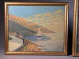 painting of a sailboat on the water next to a painting of a mountain