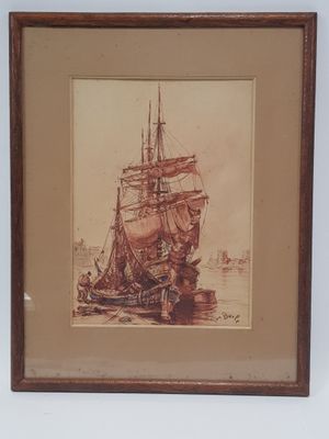 tableau représentant un bateau sur un plan d'eau, avec d'autres bateaux en arrière-plan